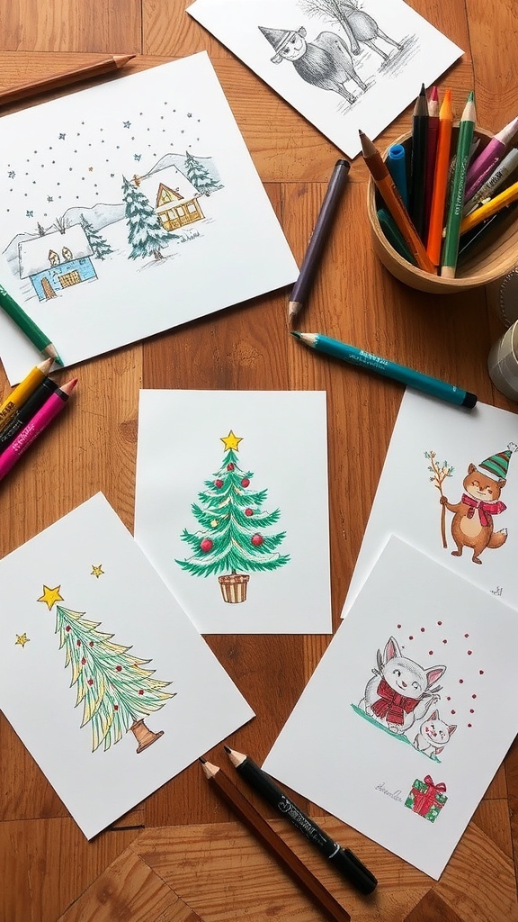 A variety of hand-drawn Christmas cards with festive illustrations on a wooden table.